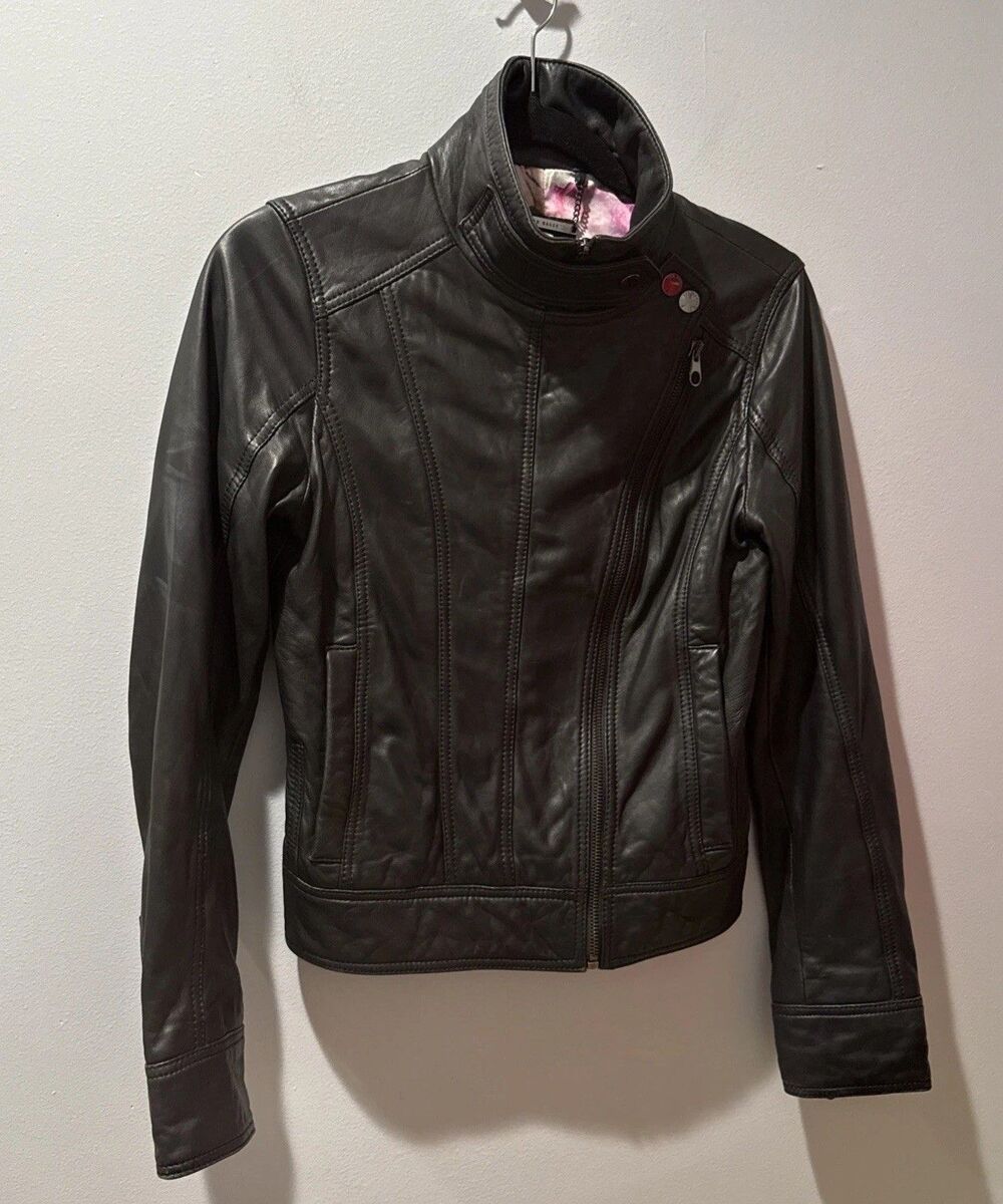 Ted Baker Black Leather Jacket Moto Silver Hardware Size 0 Biker